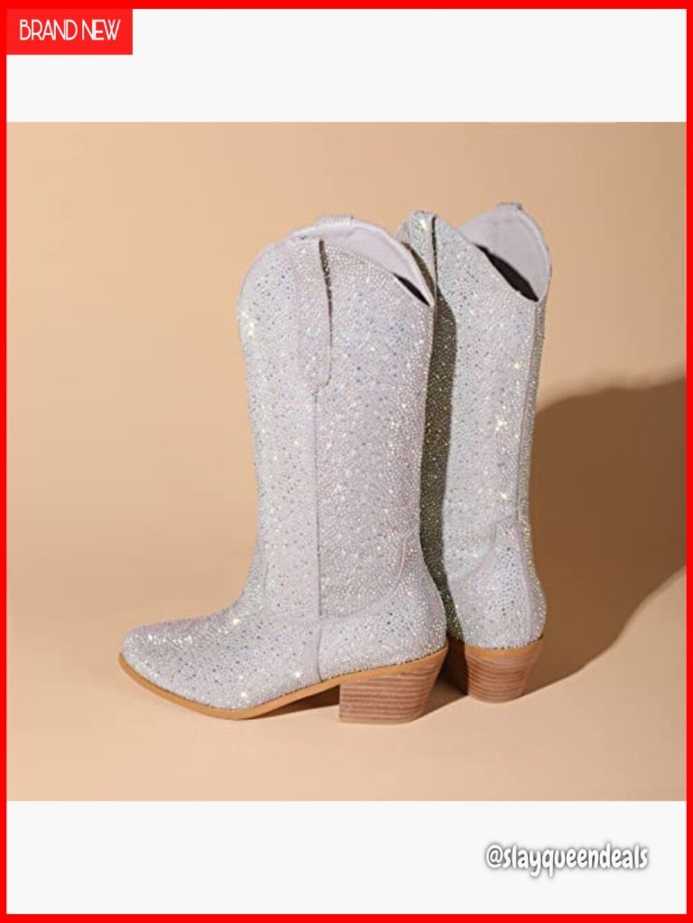 Rhinestone Cowgirl Boots Sparkly Knee High Block Heel Mid Calf Booties - Picture 5 of 7
